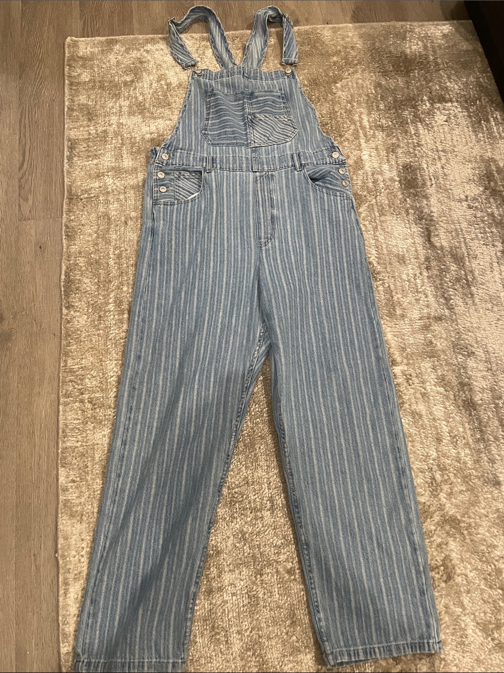 We The Free Light Blue Striped Denim Overalls Jumpsuit